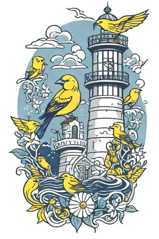 Yellow Canaries And A Lighthouse In Navy And Yellow