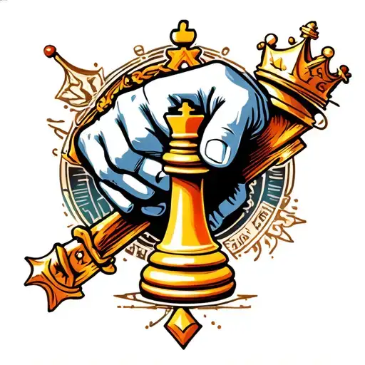 Tattoo Of An Avalonian Fist From Albion Breaking The Queen Of A Chess Piece