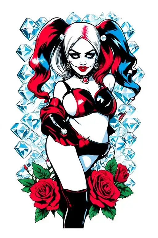 Harley Quinn Pinup With Diamonds And Roses In In Background