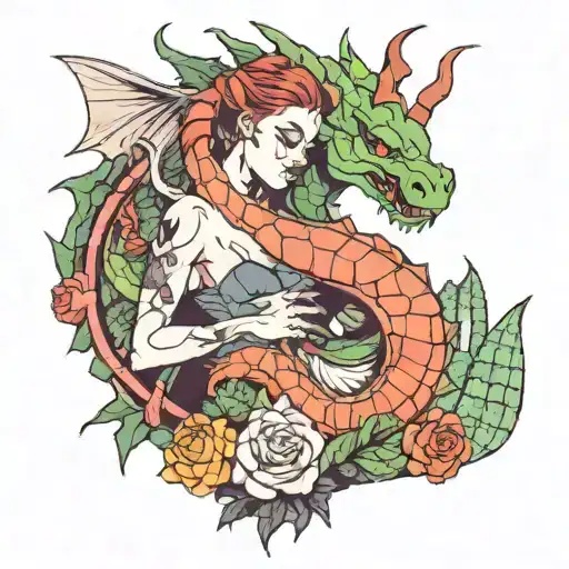 A Woman's Body And A Dragon In Love With Skulent And Cactus