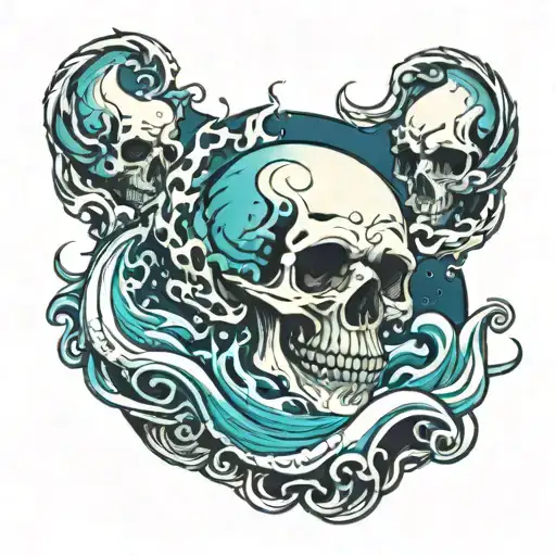 Skull Floating In Ocean Wave Crashing