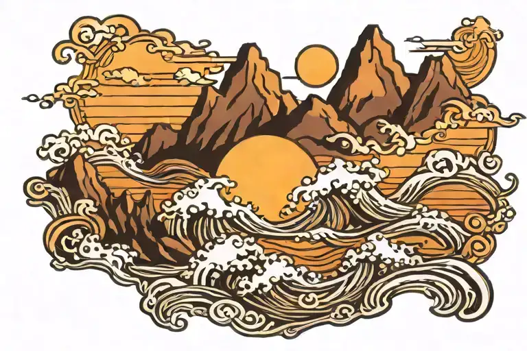Mountain Sunset Water Waves