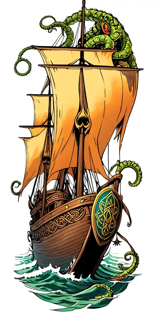 Kraken Emerging From Ocean Holding A Celtic Boat With Shields On It