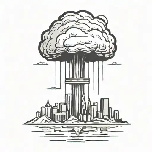An Abstract Nuclear Explosion Mushroom Cloud Destroying A Major City In An Abstract Black Line Frame