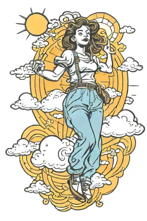 Woman Climbing While Holding Up The Sun With Clouds Up Top