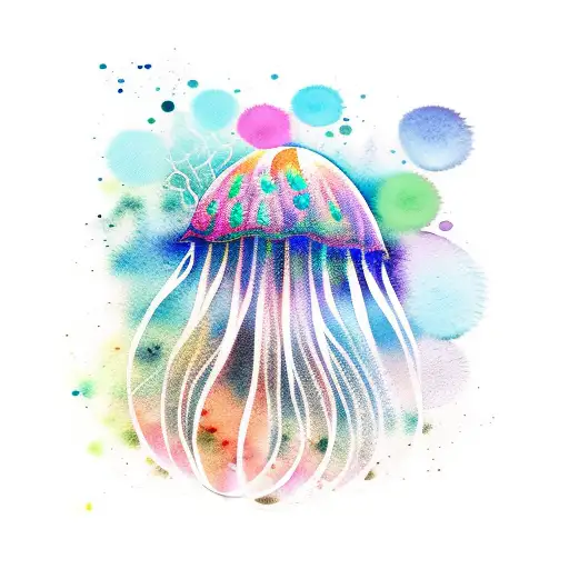 A Realistic Watercolor-style Tattoo Of A Jellyfish Swimming In A Vibrant Ocean