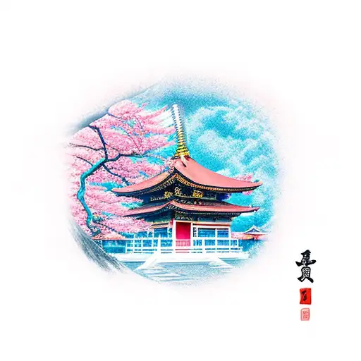 Red Japanese Temple With Pink Peach Trees And Blue Dragon