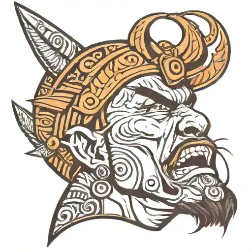 Head Of Man Warrior Looking Up And Screaming