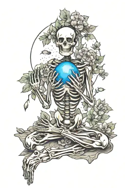 Skeleton In A Yoga Pose Surrounded By Trees Flowers Planets