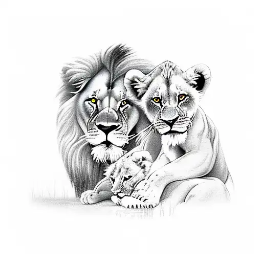 Lion With Cub In Jungle Sunset