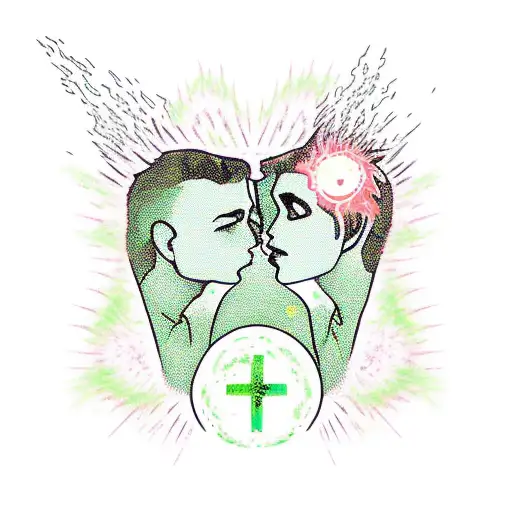 An Atomic Bomb Green Day Falls On A Kissing Guy And Girl Against The Backdrop Of Flames
