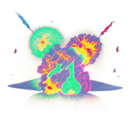 An Atomic Bomb Green Day Falls On A Kissing Guy And Girl Against The Backdrop Of Flames