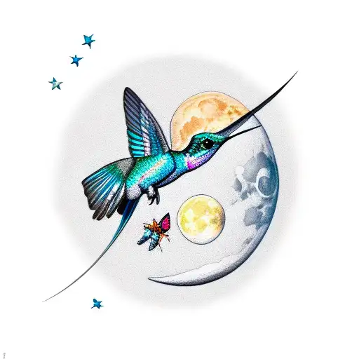 A Gray Hummingbird And A Blue Butterfly Flying With A Moon On The Background