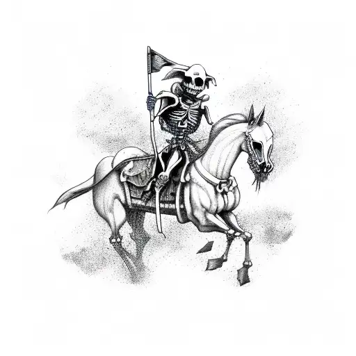 A Skeleton Warrior Riding A Horse And Carrying A Flag Into Battle