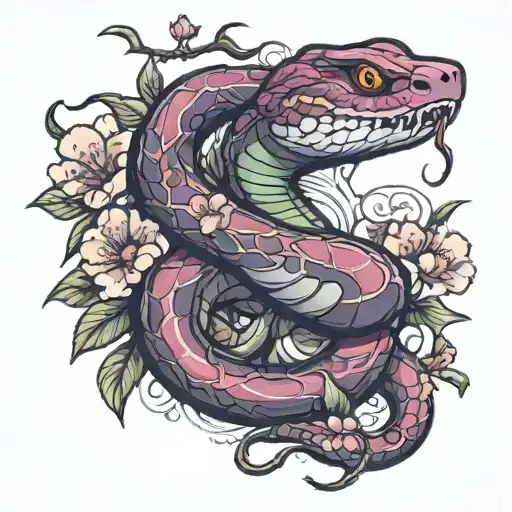 Snake And Cherry Blossom Flowers