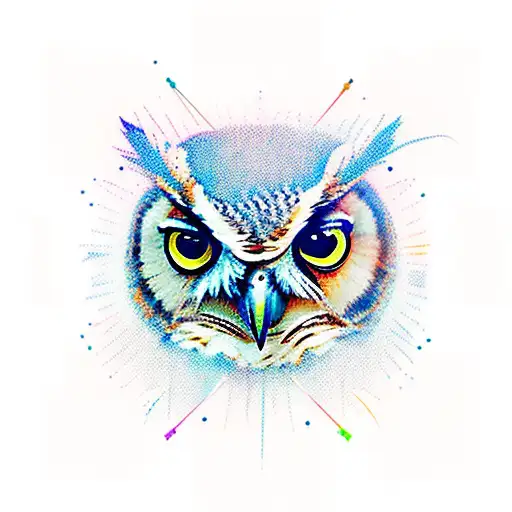 A New-school Tattoo Of An Owl With Multiple Sclerosis Awareness Ribbons As Its Feathers