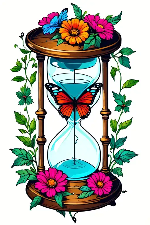 Broken Hourglass With Flowers And Butterfly
