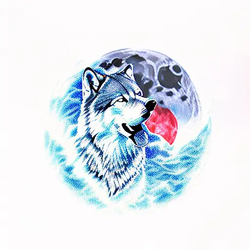 A Knife Piercing Through A Blue Moon With A Wolf Silhouette