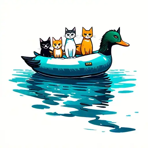 A Duck Shaped Raft Floating In An Ocean With Five Cats Inside
