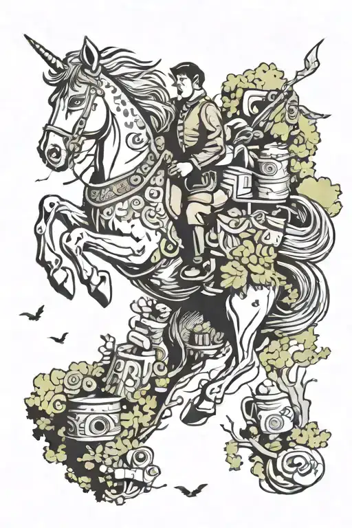 A Horse Galloping Through A Forest Filled With Owls And Snacks Hanging From The Trees