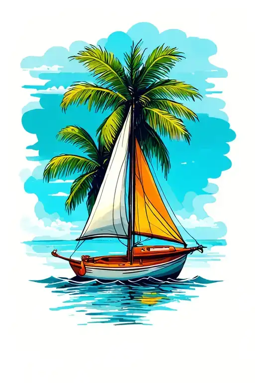 Palm Tree Sailboat Travel South Serenite And Calm All In Color With An Ara