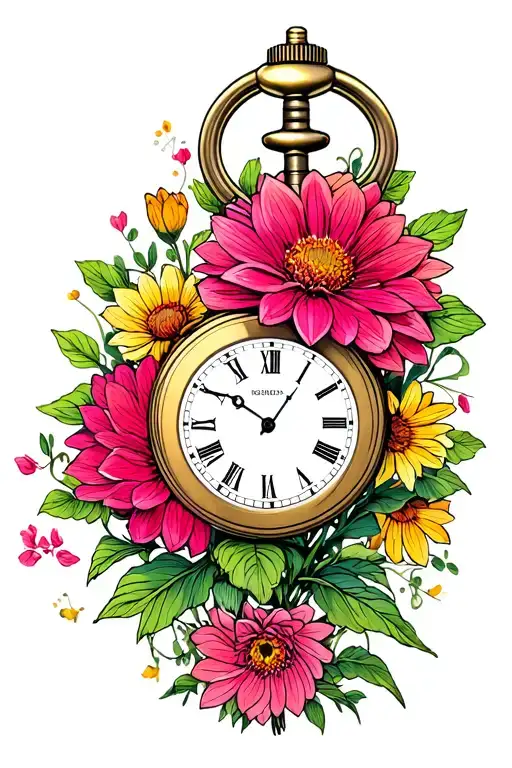 Pocket Watch Reading 5 With Black Dalia's Flower Bouquet