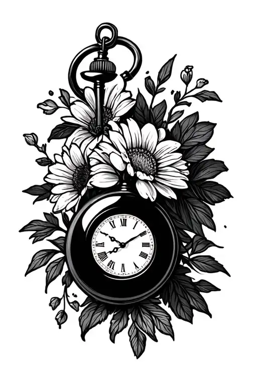Pocket Watch Reading 5 With Black Dalia's Flower Bouquet Black & Whitee