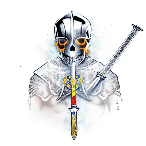 A Knight Piercing A Skull With His Sword While Kneeling Down In Greece