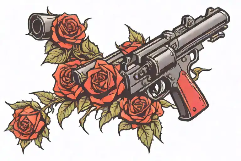 Black Pistol With Red Roses Coming Out Of The Barrel And Thorns Going Up The Gun