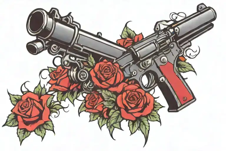 Black Pistol With Red Roses Coming Out Of The Barrel And Thorns Going Up The Gun