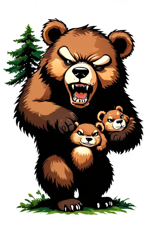Angry Bear With Cubs In Forest