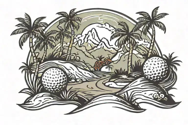 A Golf Ball Rolling Down A Mountain Path Lined With Palm Trees