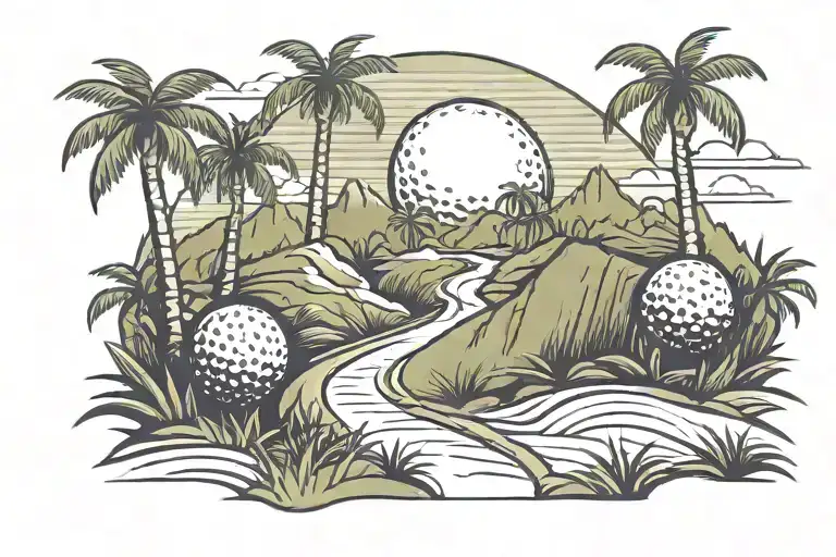A Golf Ball Rolling Down A Mountain Path Lined With Palm Trees