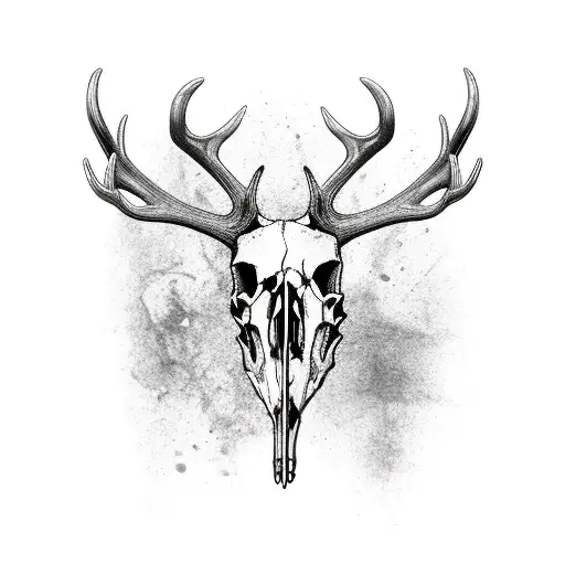 Fine Line Simple Realistic Elk Skull With Antlers