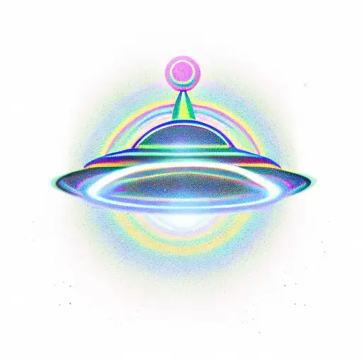 Flying Saucer Ufo With Rainbow Beam Coming From The Bottom
