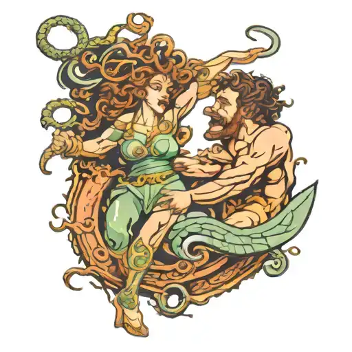 Medusa And Theseus Fighting Each Other