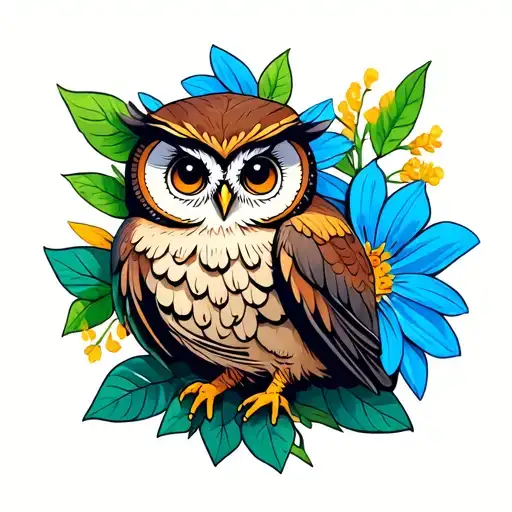 Flowers And Owl Sitting