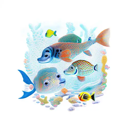 An Underwater Scene With Colorful Sea Creatures Surrounding A Portrait Of Your Family And Two Cats