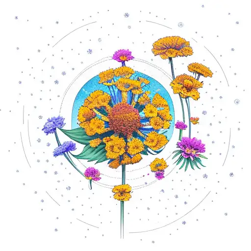 Long Marigold Flower Surrounded By Carnation Flower With Moon An Sun Rays Included