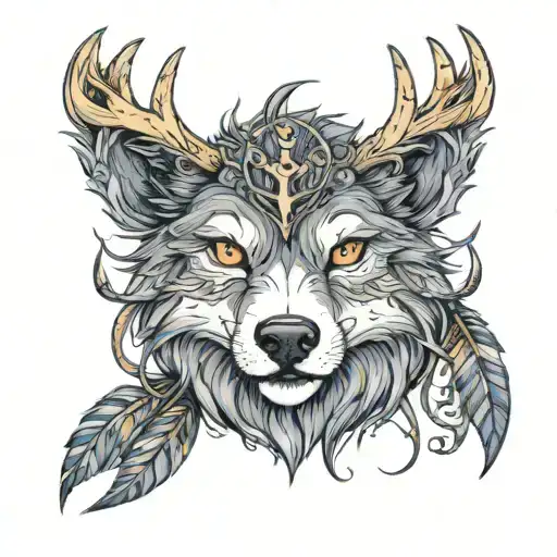 A Wolf With Deer Antlers And Raven Feathers