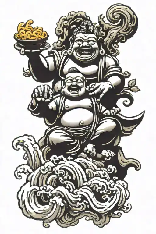 Happy Buddha Eating Noodles Whilst Riding Foo Dog Out Of Waterfall