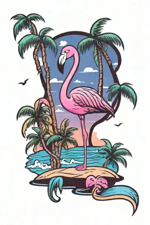 Beach With Pink Flamingo And Palm Tree