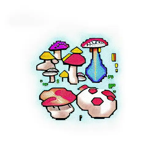 A Pixel Art Tattoo Sleeve Featuring Different Types Of Mushrooms In Various Colors And Sizes