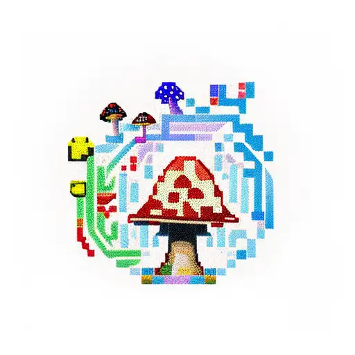 A Colorful And Whimsical Pixel Art Tattoo Sleeve With Mushroom Caps Of Different Shapes And Patterns