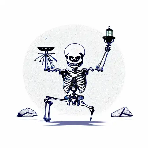 A Skeleton Holding A Lantern On A Rocky Beach