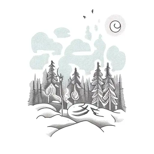 A New-school Tattoo Of A Hunting Rifle With A Forest Landscape And A Vibrant Sunset