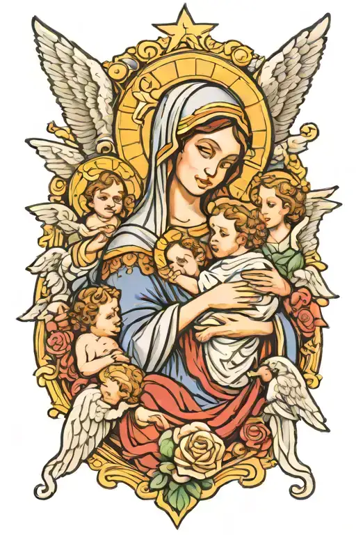 Mary Holding Baby Jesus Surrounded By Angels
