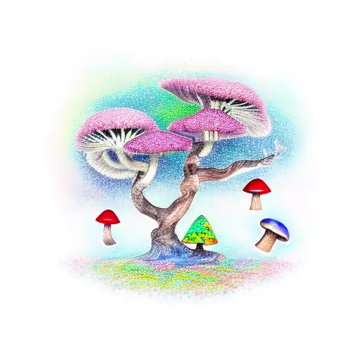 Tree Branch With Crystals And Mushrooms