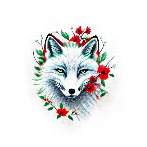 White Fox With Black And Red Teils Steps In Red Flower