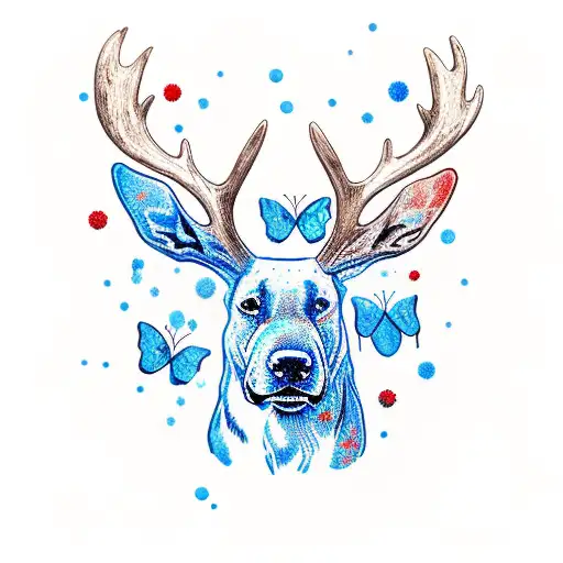 Red Nosed Pitbull With Moose Antlers And Blue Butterflies